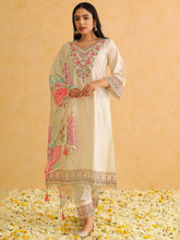 Women Off White Silk Blend Solid Embroidered Straight Kurta Trouser With Dupatta-PKSKD2476
